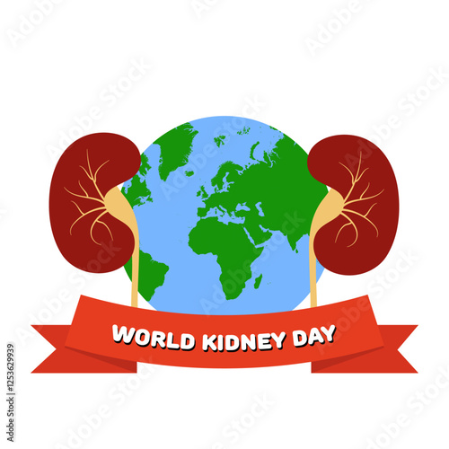 World Kidney Day awareness. Kidney cartoon with world 