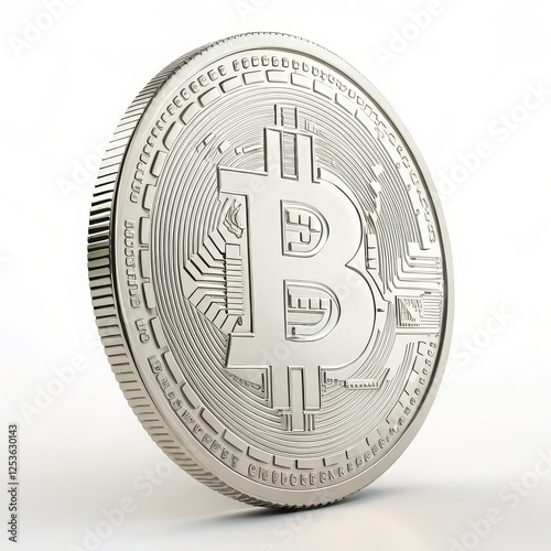 Close-Up of Detailed Bitcoin Coins in Shimmering  Platinum Finishes on a White Background, Ideal for Representing Cryptocurrency Themes, Digital Investment, and Modern Finance Concepts 