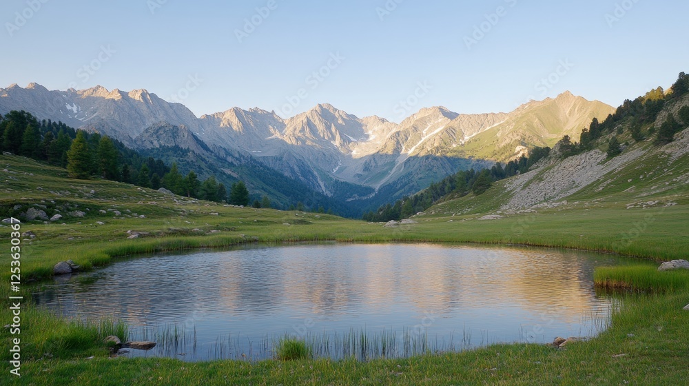 Serene Mountain Landscape with Calm Reflective Lake Surrounded by Lush Green Valley at Sunrise Serene Mountain Landscape with Calm Reflective Lake Surrounded by Lush Green Valley at Sunrise