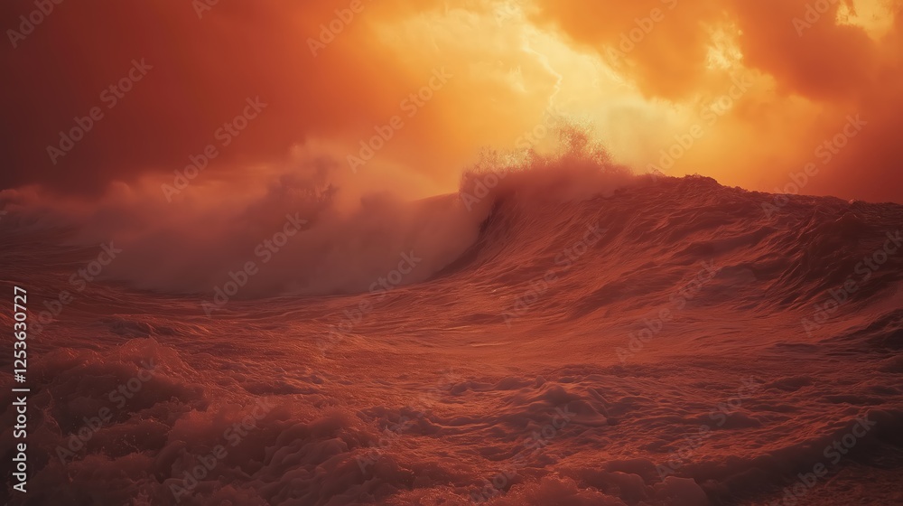 Fiery Sunset Over Turbulent Ocean Waves Crashing On City Landscape Fiery Sunset Over Turbulent Ocean Waves Crashing On City Landscape