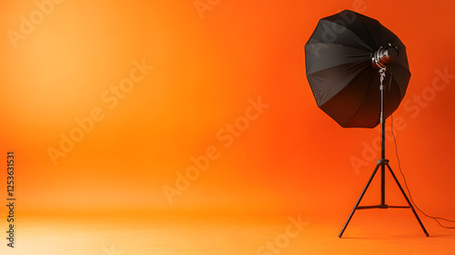 Professional studio lighting equipment against a vibrant orange background
