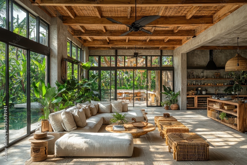 Fototapeta premium Tropical midcentury bungalow interior design lush greenery high fidelity open space natural light modern aesthetics