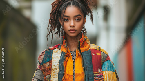 Bold Upcycled Fashion Statement with Patchwork Jacket and Repurposed Accessories in Artistic Urban Setting