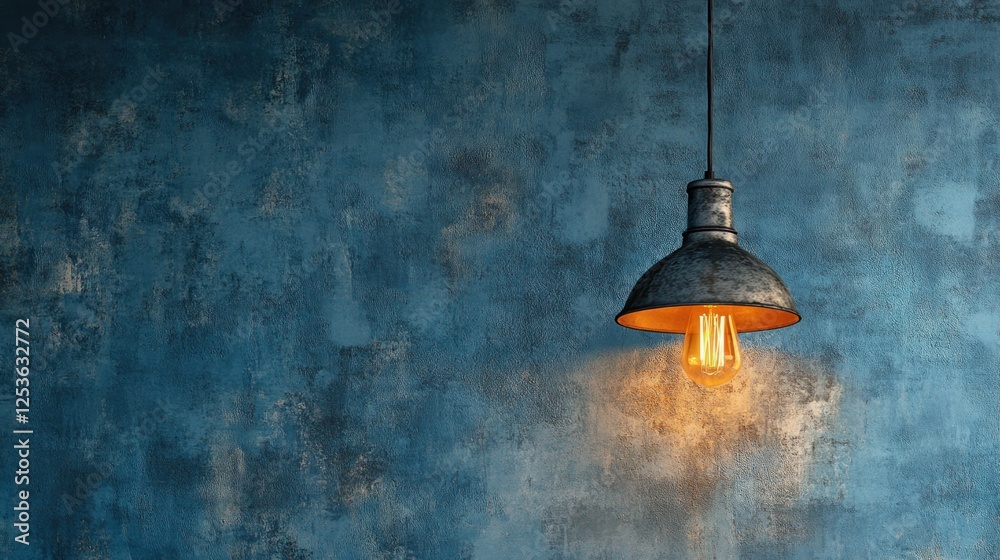 Obraz premium Rustic lamp illuminates textured blue wall, copy space