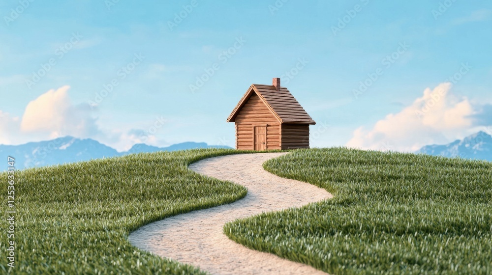 Fototapeta premium Serene Wooden Cabin on Grassy Hilltop Path Scenic View