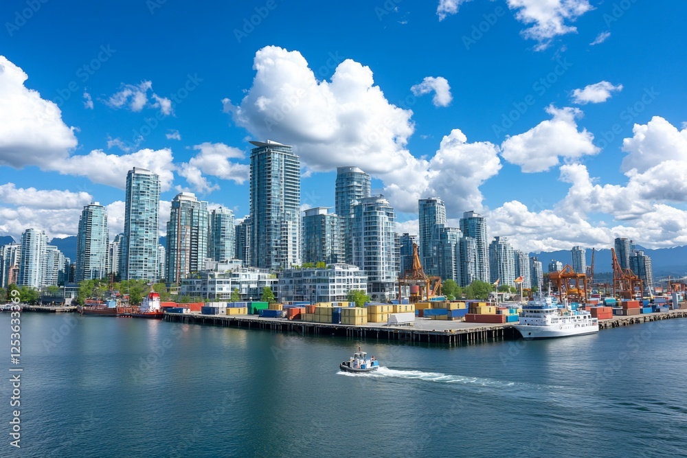 Fototapeta premium Cityscape, harbor, sunny day, cargo ships, waterfront