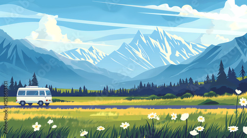 Flat Summer Landscape Illustration: Minivan Road Trip in Wild Nature