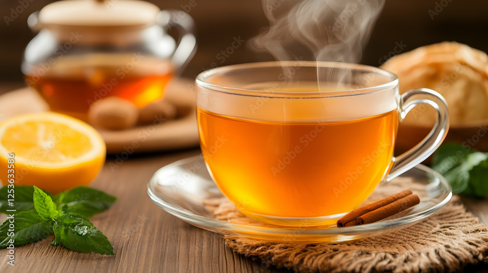Cup of tea steaming with lemon, cinnamon, and teapot on a wooden table. Use for health and wellness articles Cup of tea steaming with lemon, cinnamon, and teapot on a wooden table. Use for health and wellness articles