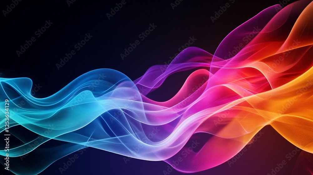 Abstract multicolored wavy lines against a dark background create a dynamic flow Abstract multicolored wavy lines against a dark background create a dynamic flow