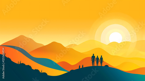 Silhouettes of Three People Gazing at a Sunset Over Layered Mountains, Symbol of Unity

