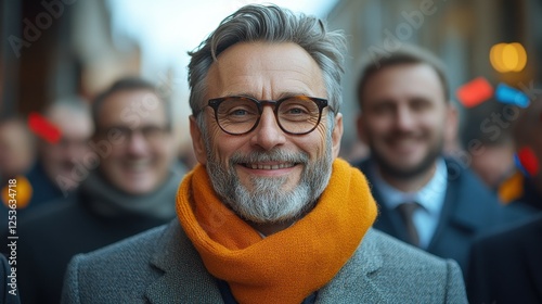 A man with glasses and a scarf is smiling for the camera. He is surrounded by other people, some of whom are also smiling. Scene is happy and friendly