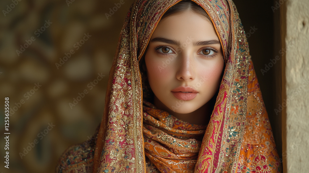 Elegant Embroidered Kaftan with Matching Headscarf in Cultural Setting Elegant Embroidered Kaftan with Matching Headscarf in Cultural Setting