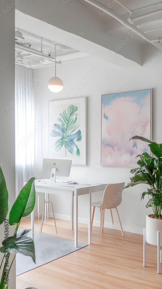 Fototapeta premium A boutique real estate office with soft pastel interiors and a white frame adding modern contrast.