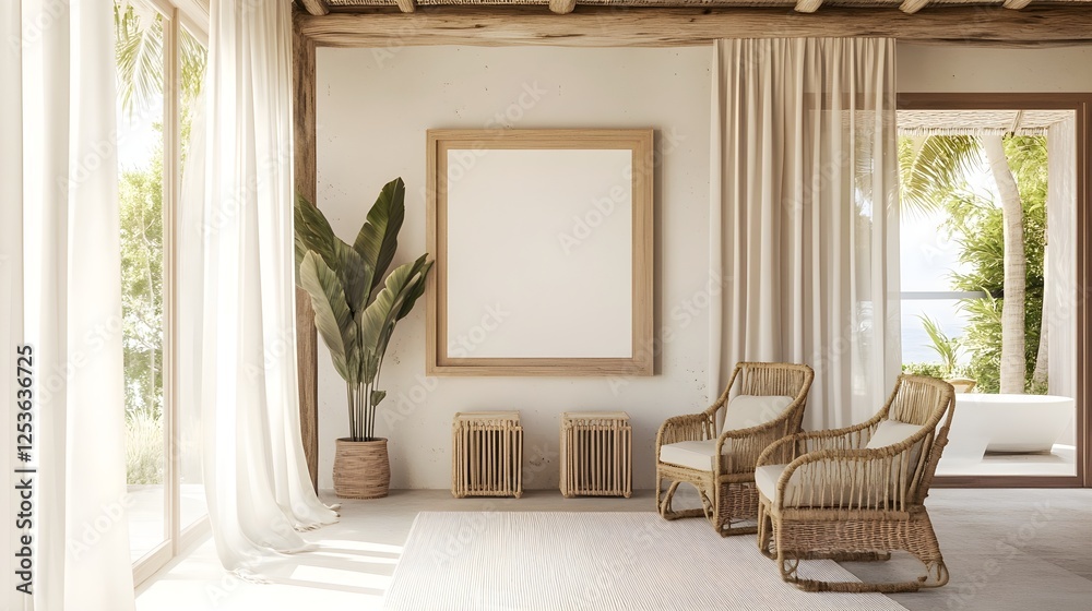 Fototapeta premium A breezy beachside villa with natural wooden tones, soft linen curtains, and a blank framed canvas.