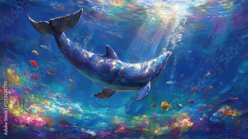 A vibrant marine ecosystem, where dolphins leap joyfully in the waves, schools of colorful fish swim beneath, and the tail of a magnificent whale breaks through the water surface.