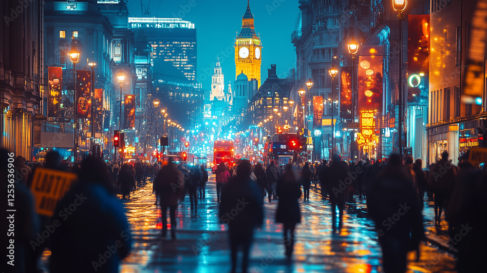 Blurred Protest Sign with Crowds, Banners, and City Skyline at Lively Rally