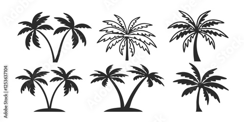 vector tropical palm tree sketch set features a realistic black silhouette of palm trees isolated on a white background.
