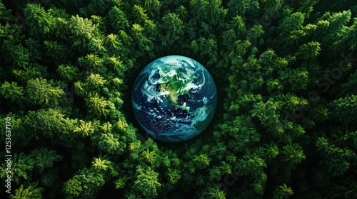Fototapeta Naklejka Na Ścianę i Meble -  Our Planet, A Green Embrace: Aerial View of Earth Surrounded by Lush Forest