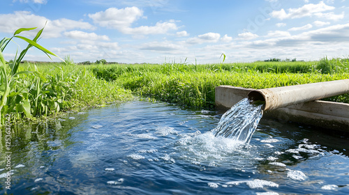 Pipe discharging clean water into a ditch in a verdant field under a blue sky with clouds. Ideal for environment and agriculture