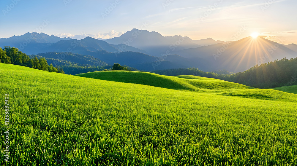 Fototapeta premium Radiant sunrise over green hills near mountains. Concept peace, travel destination, promoting serenity and natural beauty in landscape photos