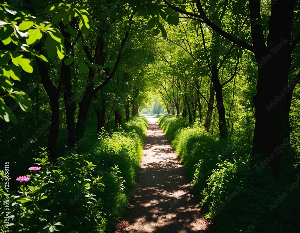 Fototapeta premium Luminous Pathway Through a Vibrant Garden of Butterflies and Blossoms