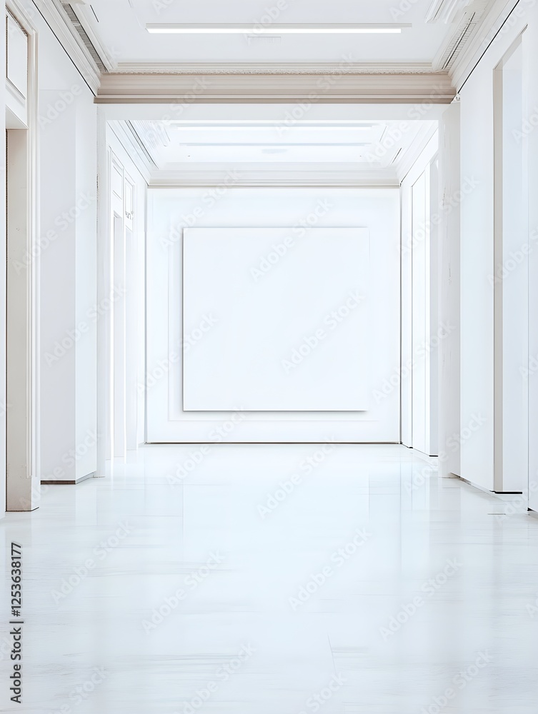 A bright and open museum hallway with symmetrical lighting and an oversized blank white frame. A bright and open museum hallway with symmetrical lighting and an oversized blank white frame.