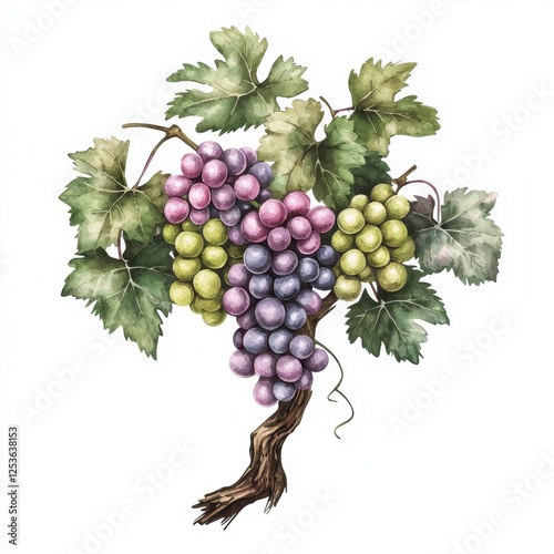 Watercolor painting of a grapevine branch with clusters of red green and purple grapes
