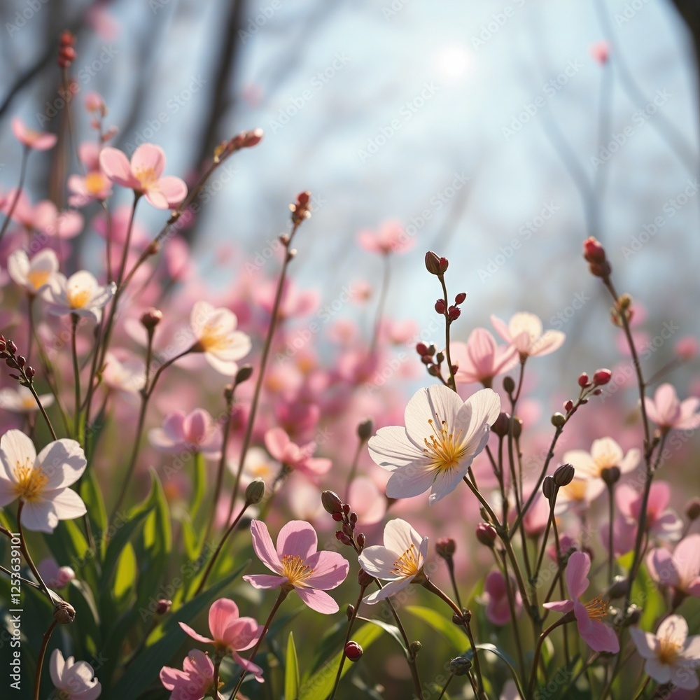 A Lush and Dreamy Spring Meadow with Butterflies and Vibrant Colors, Bathed in Natural Light