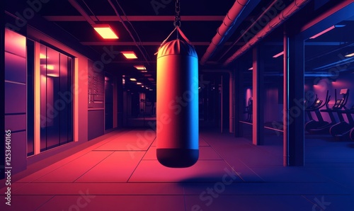 Wallpaper Mural Neon-lit gym hallway, heavy bag, cardio machines background; fitness, workout, sport Torontodigital.ca