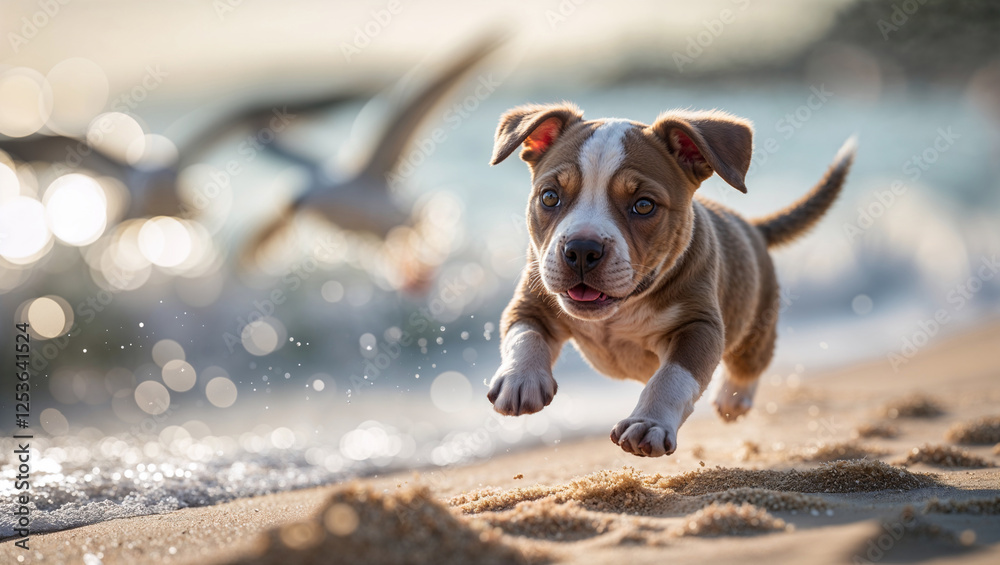 Cucciolo di cane di razza Pittbull corre felice e gioca sulla sabbia di una spiaggia vicino al mare Cucciolo di cane di razza Pittbull corre felice e gioca sulla sabbia di una spiaggia vicino al mare