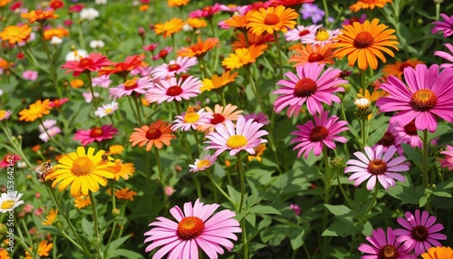 A colorful summer garden alive with flourishing flowers and busy bees. photo