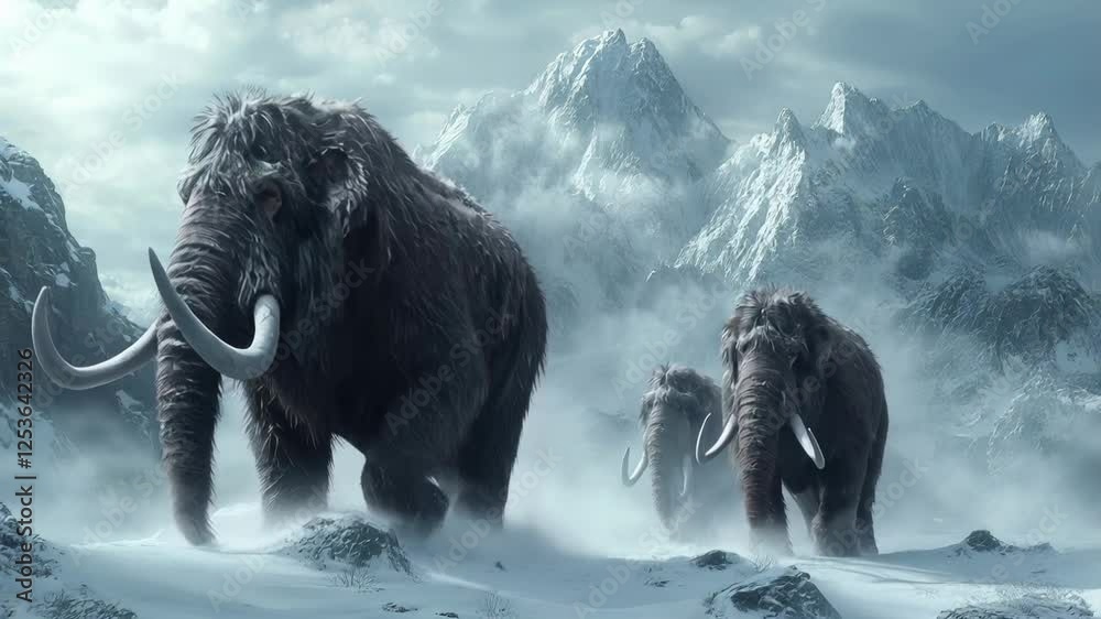 Woolly mammoths trek through snowy mountains in prehistoric winter ...