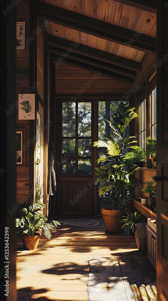 Fototapeta premium A cabin’s sunlit entrance with wooden textures, potted plants, and a white frame.