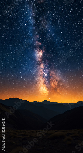 ** Milky Way Majesty: Night Sky Over Mountains, Stargazing Wonder, Cosmic Landscape, Dark Skies, Adventure