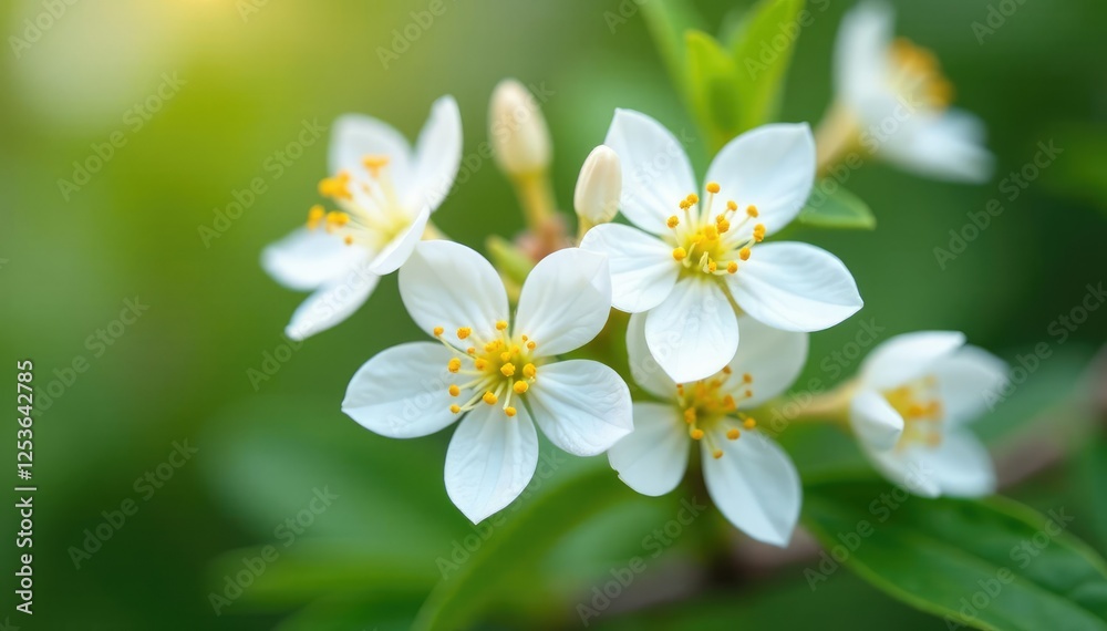 Obraz premium Delicate white flowers with yellow pollen on a bush, europe, white flowers
