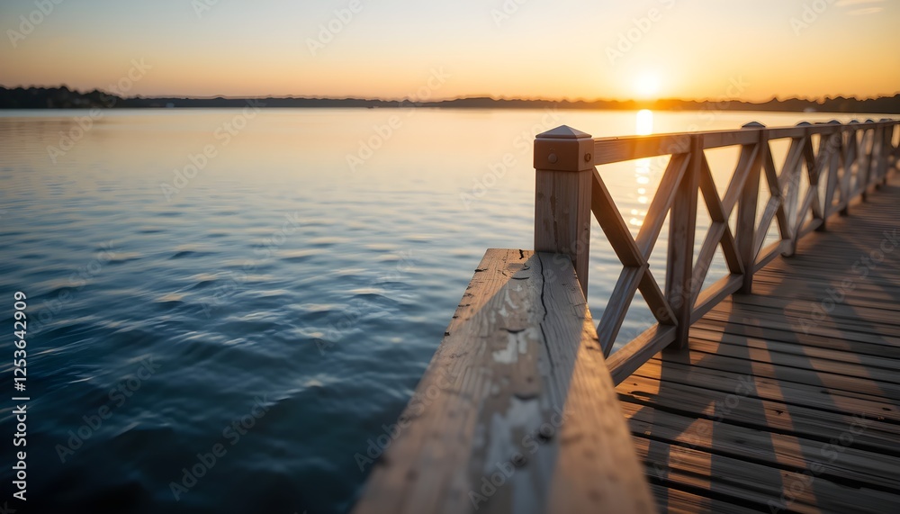 Fototapeta premium A peaceful wooden pier with a rustic railing overlooking a calm lake at sunset. Tranquil waters reflect the warm golden light, creating a relaxing and scenic view.