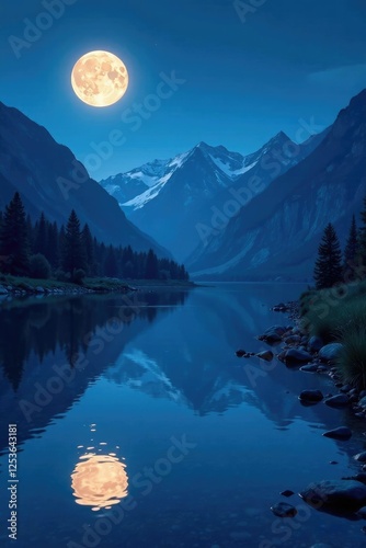 Blue mountains reflected in the calm river under full moon, blue mountains reflection, serene river