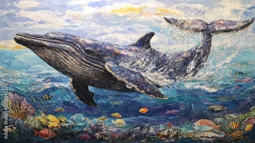 Capture the power and beauty of the ocean, with dolphins playfully jumping through the waves, schools of colorful fish gliding beneath, and the magnificent tail of a whale breaking the surface.