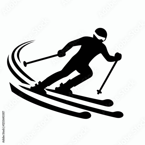 Skiing Downhill Silhouette in black on a white background
