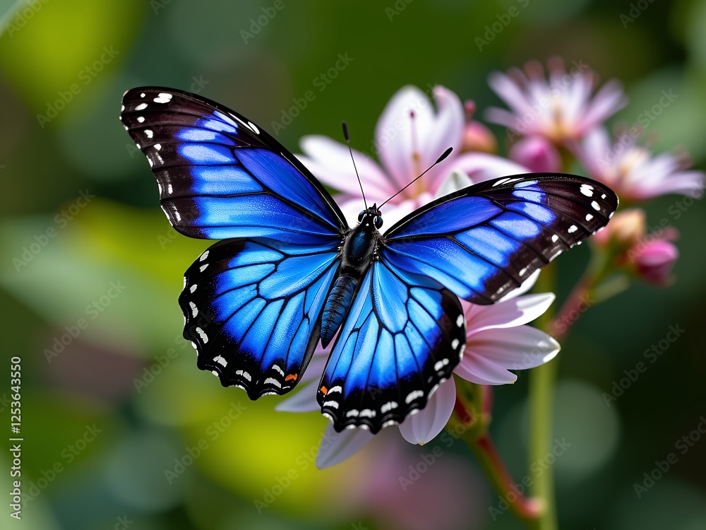 Naklejka premium Vibrant Blue Morpho Butterfly on Pink Flowers in Lush Garden
