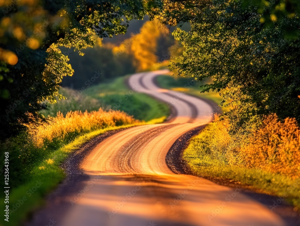 Naklejka premium Winding country road through vibrant autumn foliage, sunlight illuminating the path, serene nature scene, peaceful travel concept
