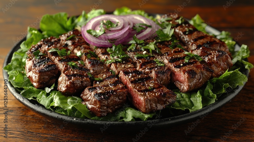Grilled steak slices on lettuce with red onions and herbs on a dark plate Grilled steak slices on lettuce with red onions and herbs on a dark plate