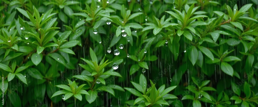 Fototapeta premium Gentle Spring Rain Embracing Vibrant Green Foliage