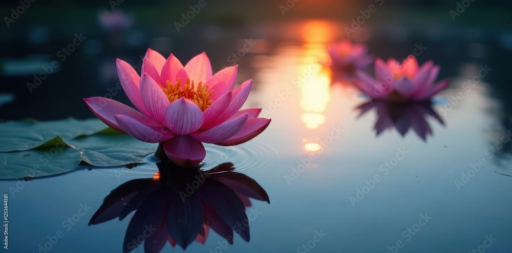 Water's surface is disturbed by a single bloom at dusk, water, calm, peaceful Water's surface is disturbed by a single bloom at dusk, water, calm, peaceful