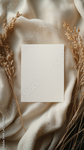 Photo of a blank white card on top of an elegant beige fabric, surrounded by dried wheat stalks for a wedding invitation mockup, high-definition photography, natural lighting, close-up shot