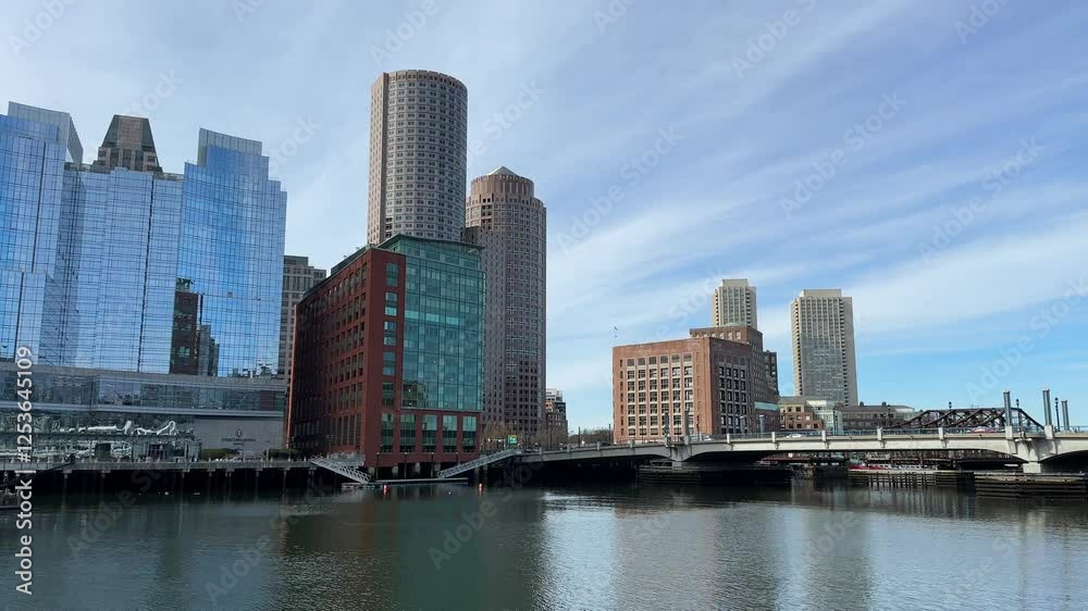View of Boston skyline over For Point Channel, Boston downtown scenery with skyscrapers and high-rise buildings View of Boston skyline over For Point Channel, Boston downtown scenery with skyscrapers and high-rise buildings