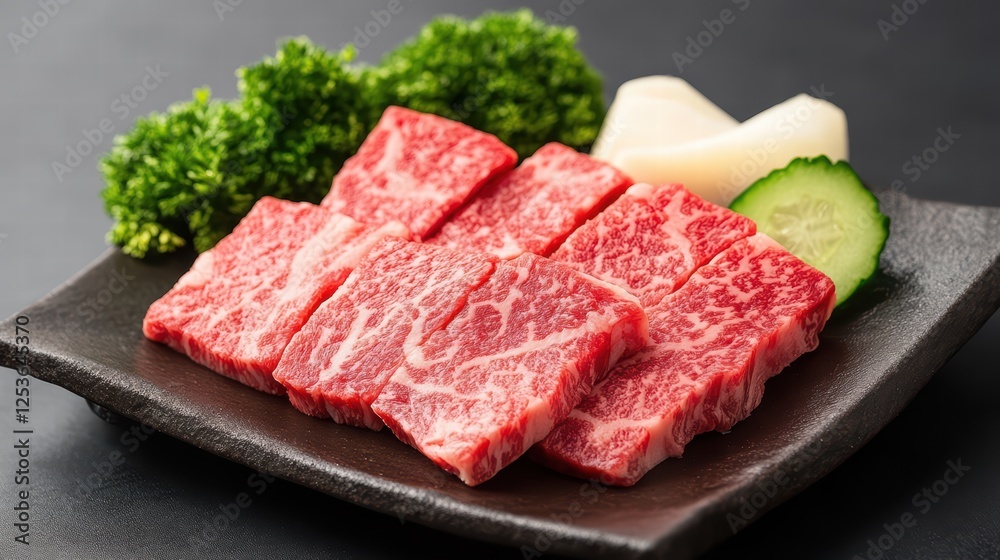 Fresh Marbled Beef Slices with Garnishes on Slate Plate Fresh Marbled Beef Slices with Garnishes on Slate Plate