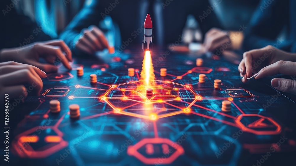 Naklejka premium A dynamic game scene with a rocket launch amidst strategic elements and player engagement.