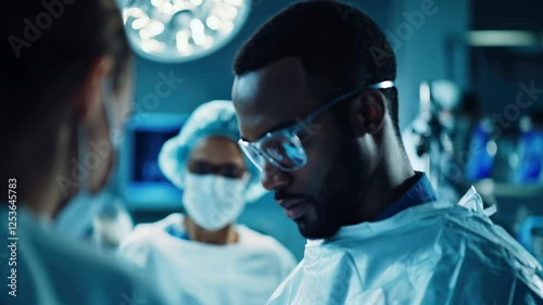 African doctor surgeon in modern operating room with medical team and surgical equipment, black man physician in hospital. Generative AI