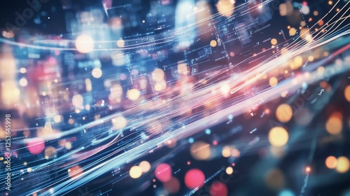 Abstract data streams with glowing bokeh lights and digital particles